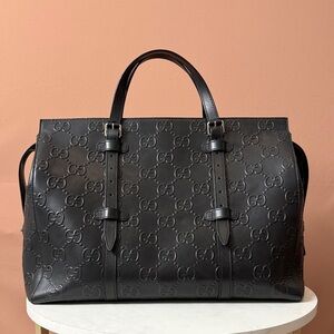 Gucci Calfskin GG Tennis Embossed Black Monogram Tote Bag w/zipper